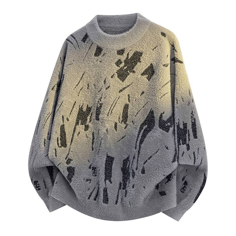 Men's Splatter Print Loose Knit Sweater - Casual Crewneck Pullover For Spring & Autumn, Comfortable Stretch Fabric, Trendy Oversized Fit_voghion.com