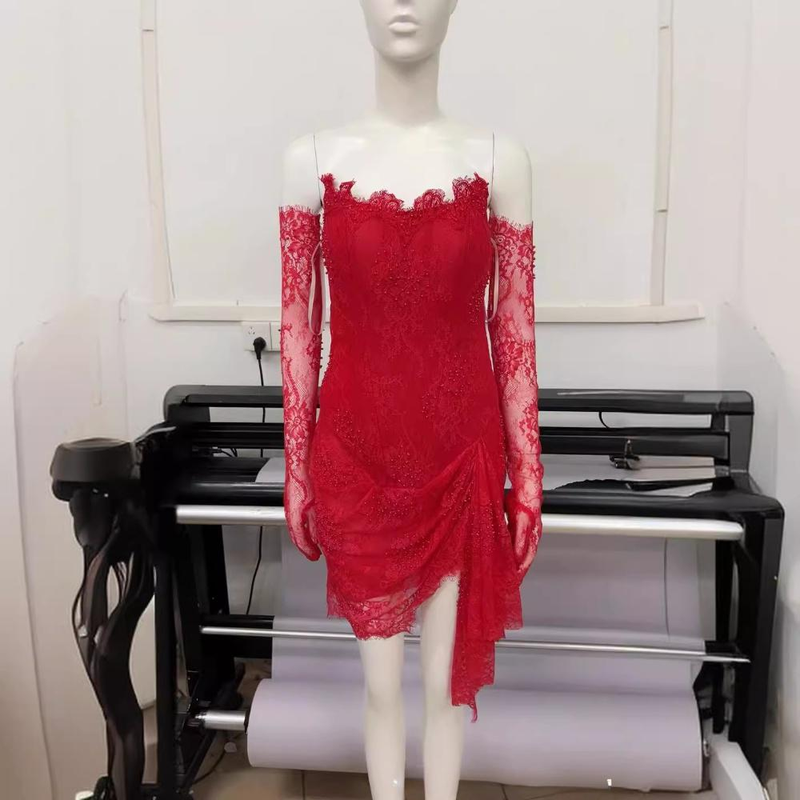 Elegante completo di guanti in pizzo nero e rosso con corsetto per abito da sera da donna - Sexy abito da sera corto senza maniche per serate fuori, club, appuntamenti_voghion.com