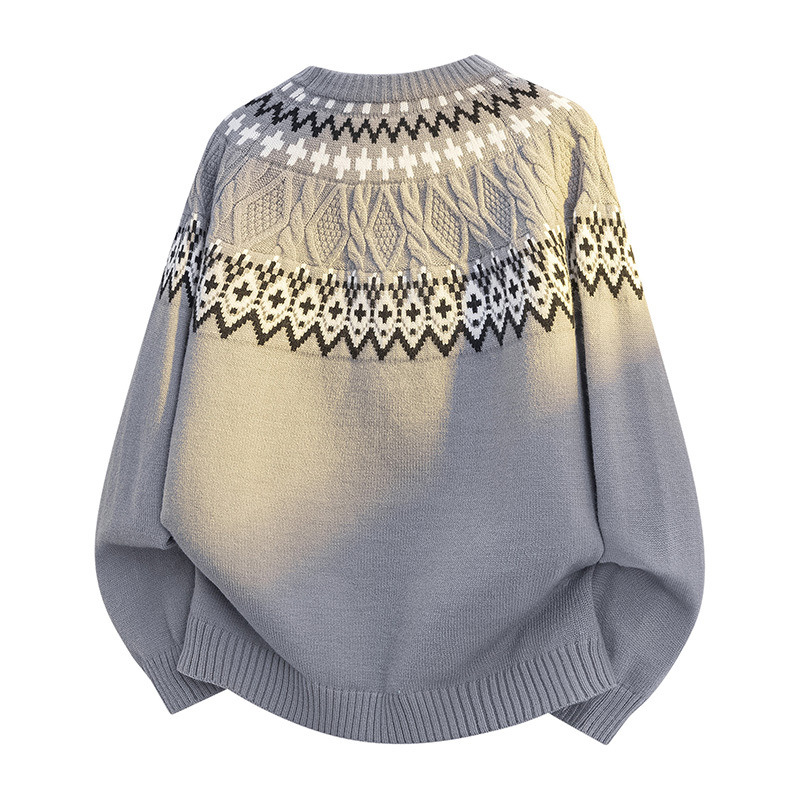 Unisex Vintage Knit Sweater – Oversized Crewneck Pullover With Retro Geometric Pattern (M-3XL, 3 Neutral Tones)_voghion.com