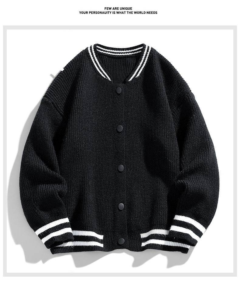 Strickjacke mit Baseballkragen – Übergroßer Strickpullover mit Jacquard-Design für Männer und Frauen (Grau, Schwarz, Armeegrün)_voghion.com