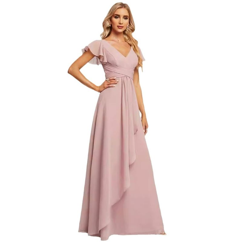 Chiffon Bridesmaid Dress With Split V-neck High Waisted A-line Ballroom Dress_voghion.com