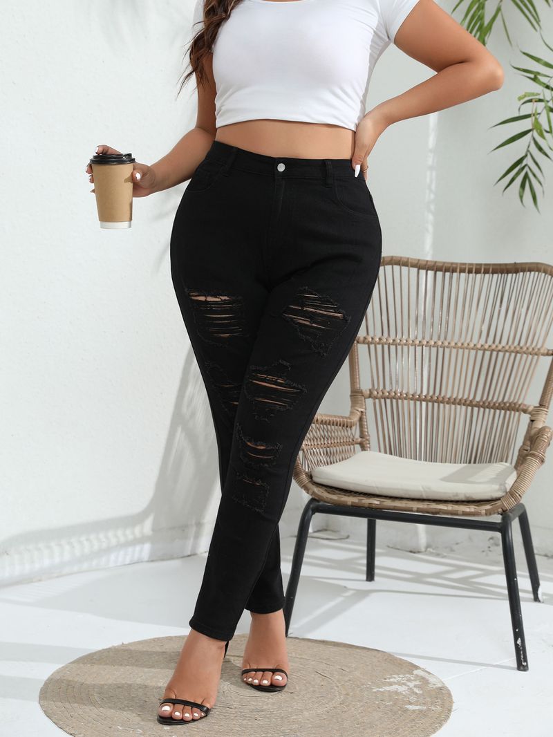 Women's Clothing Large Size Fashion Ripped Stretch Denim Skinny Pants Fat MM Pants_voghion.com