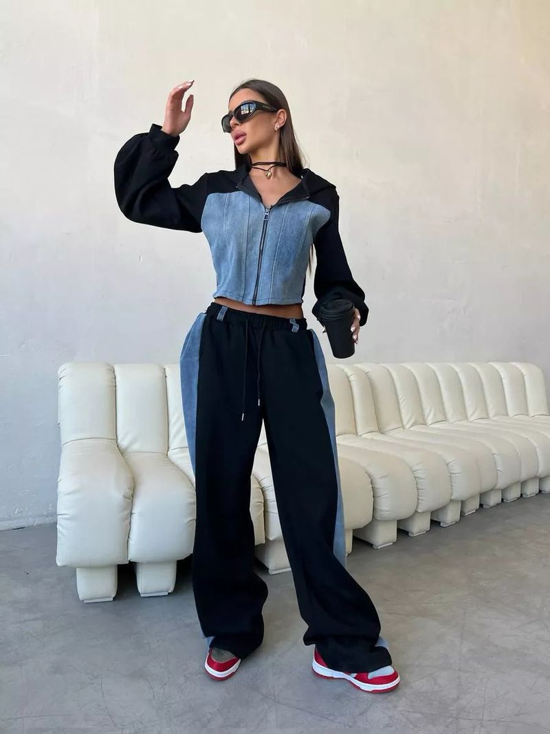 Women's Casual Color Block Hooded Sweater & Wide Leg Pants Set - Long Sleeve Streetwear Outfit For Fall_voghion.com