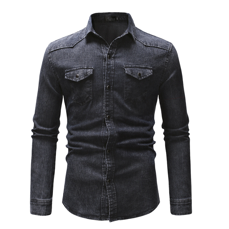 2020 Frühlingsmode Vier Jahreszeiten Modell Doppeltasche Herren Casual Langarm Jeanshemd 3011_voghion.com