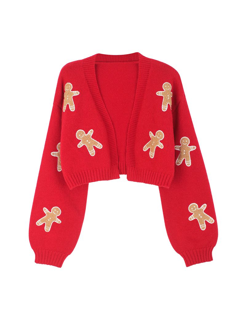 Casual Knitted Cardigan Loose Long-sleeved Gingerbread Women's Embroidered Short Knitted Sweater Autumn New Solid Color Jacket_voghion.com