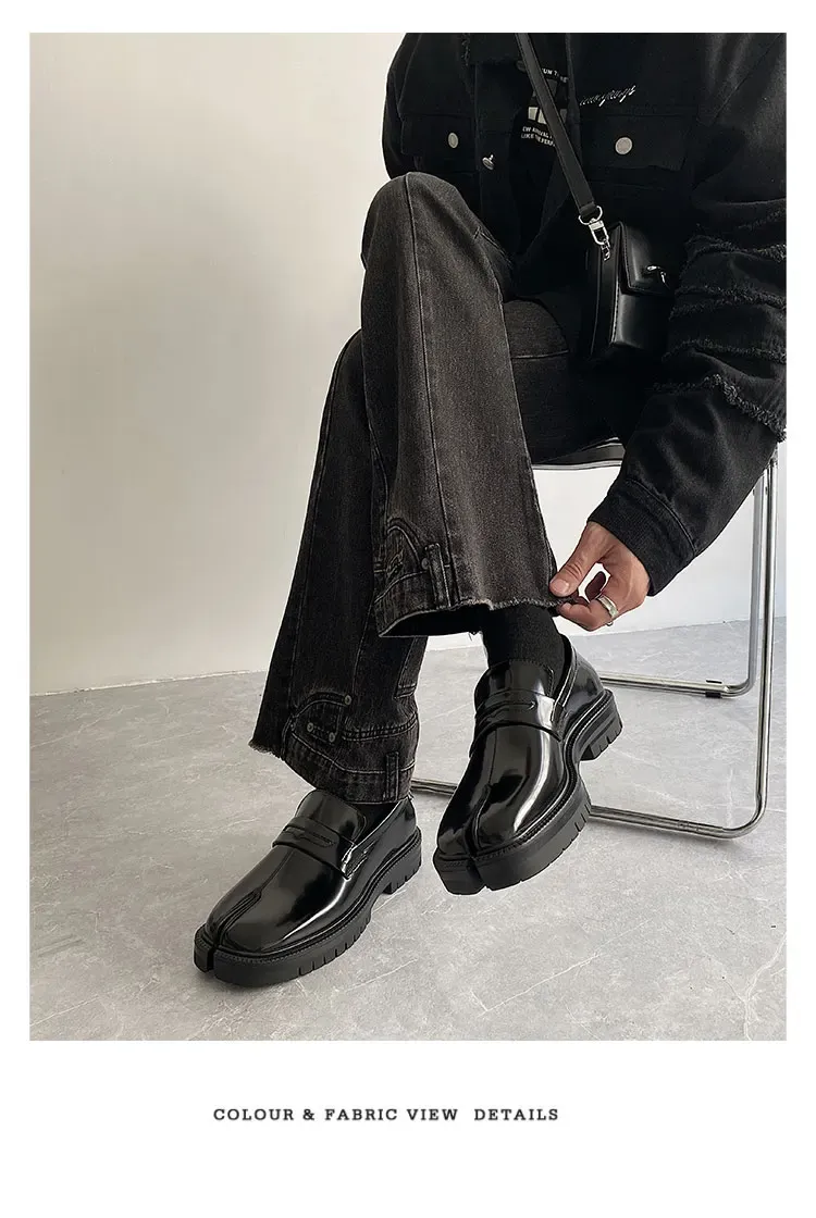 Heren Split Toe Horseshoe Dikke Zool, Lefu Tabi Schoenen, Lakleer, Koreaanse Versie, Trend, Casual Leren Schoen, S_voghion.com