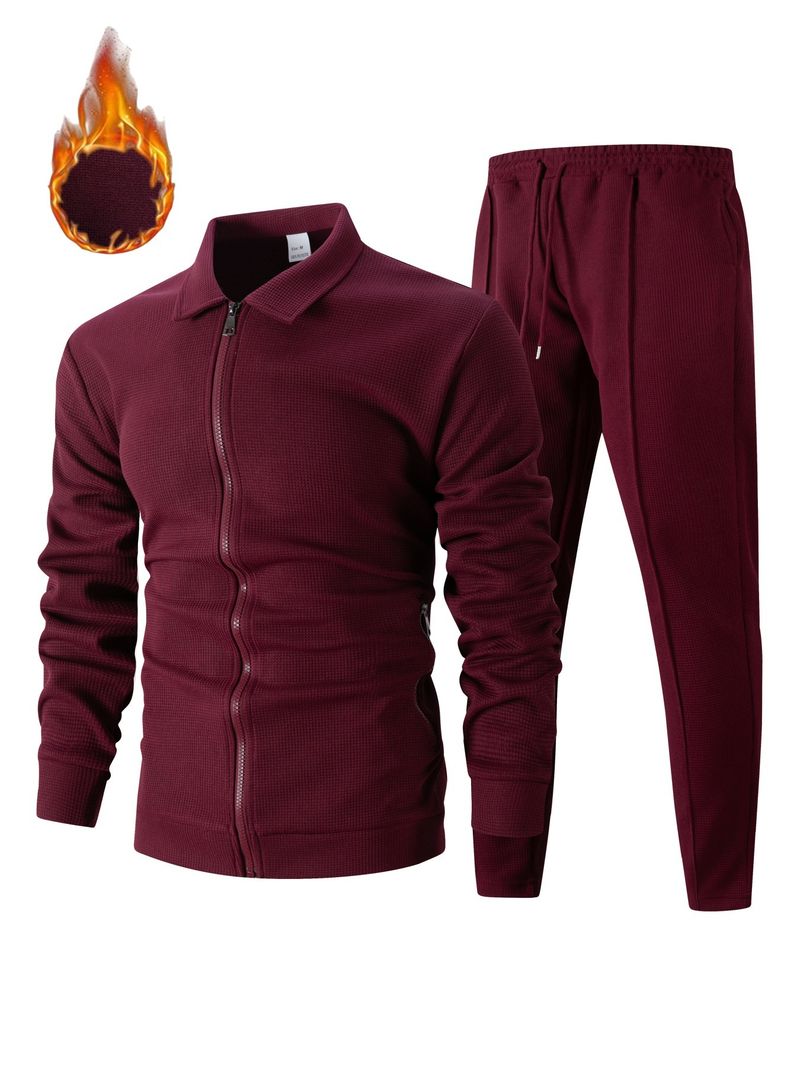 Men's Waffle Knit Zip-up Hoodie & Jogger Set - Fleece Lined Winter Lounge Wear With Pockets, Lightweight & Warm Comfort Outfit For Casual & Sports_voghion.com
