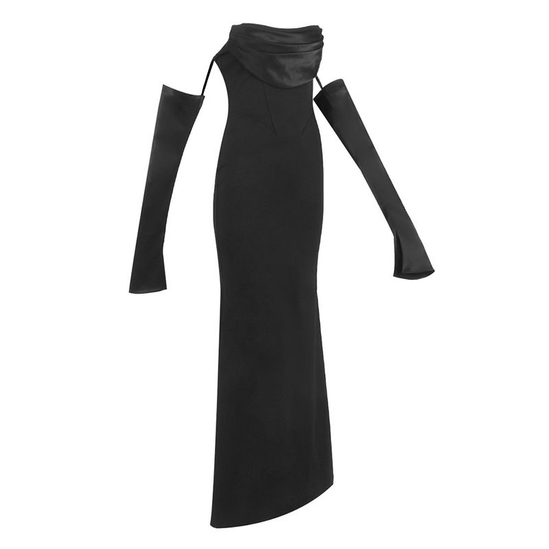 Elegante abito aderente a maniche lunghe con spalle scoperte - Abito da sera snellente elasticizzato bianco e nero per donna_voghion.com