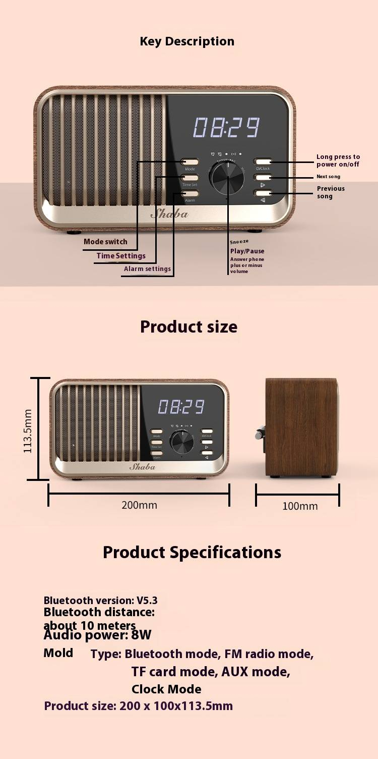 Enceinte Bluetooth multifonction avec radio FM, chargement sans fil, carte TF et horloge – Enceinte d'extérieur portable au design personnalisé_voghion.com