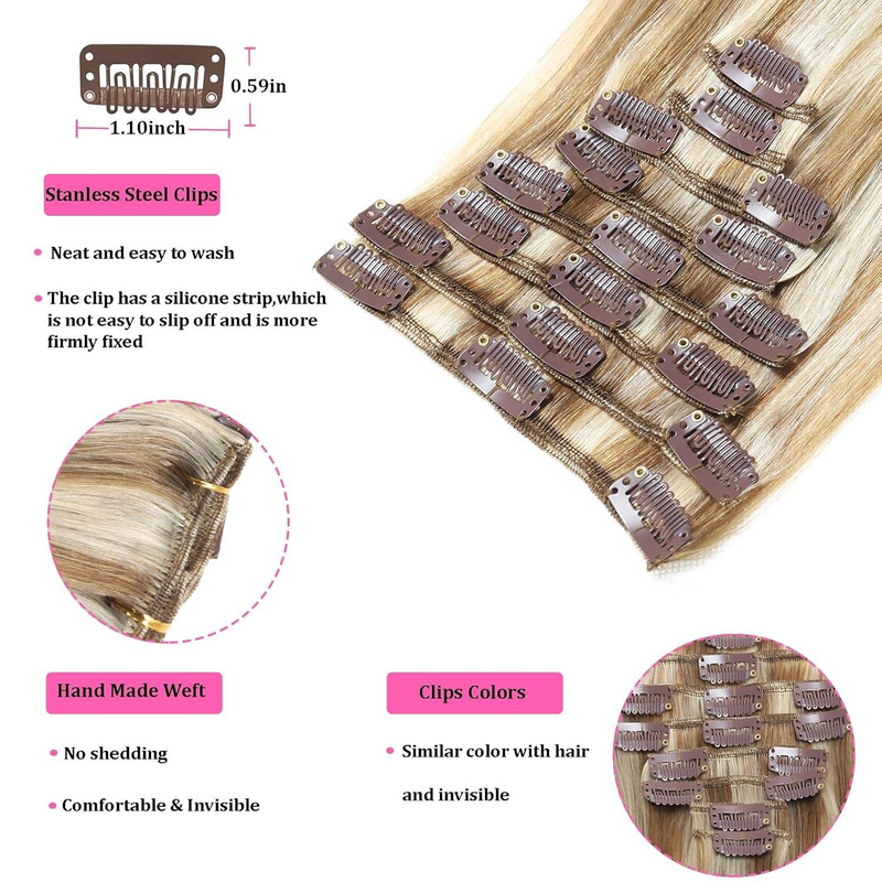 Clip-In-Haarverlängerungen, Echthaar, 35,6 cm, Helles Aschblond/Bleichblond, Clip-In-Doppelschuss, 100 % Echthaar-Extensions, 8 Stück, 80 g_voghion.com