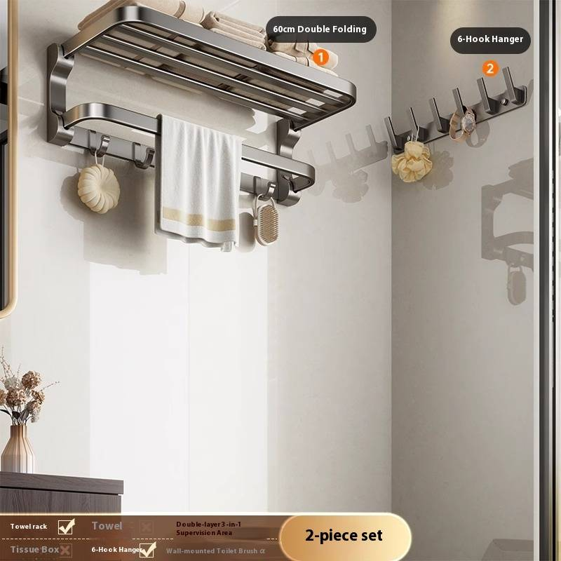 No Drill Space Aluminum Bathroom Towel Rack Set, Foldable Wall Mounted Modern Bathroom Organizer With Rust-Resistant Coating_voghion.com