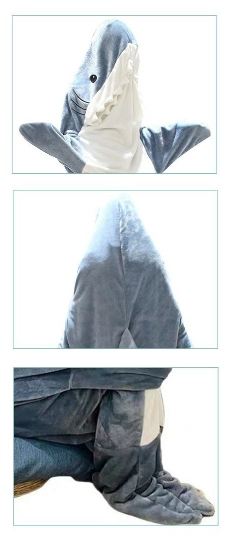 New Cartoon Shark Sleeping Bag Sand Sculpture Shark One-piece Pajamas Flannel Blanket Shark One-piece Pajamas_voghion.com