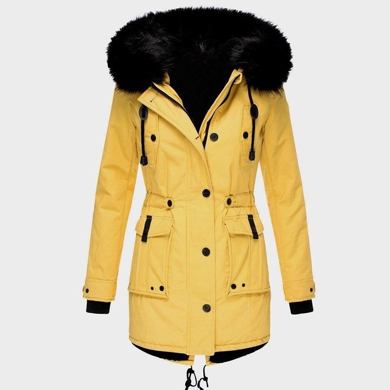 Winterjas voor dames met fleecevoering, dikke katoen, imitatiebontkraag, uitlopende zoom en lange mouwen. Casual bovenkleding._voghion.com