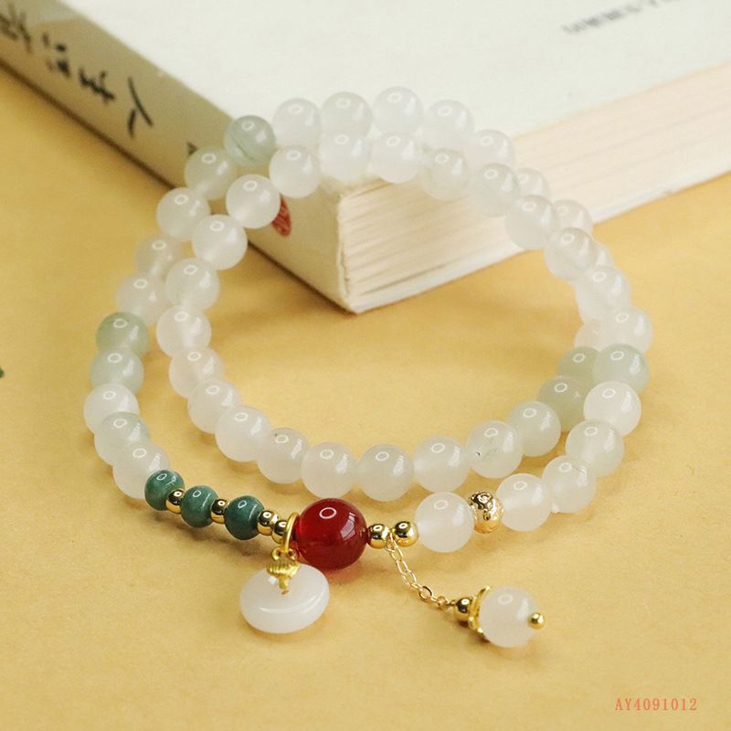 Bracciale con perline di giada e agata a doppio cerchio Aiyu Tianshan, gioielli in stile cinese AY4091012_voghion.com