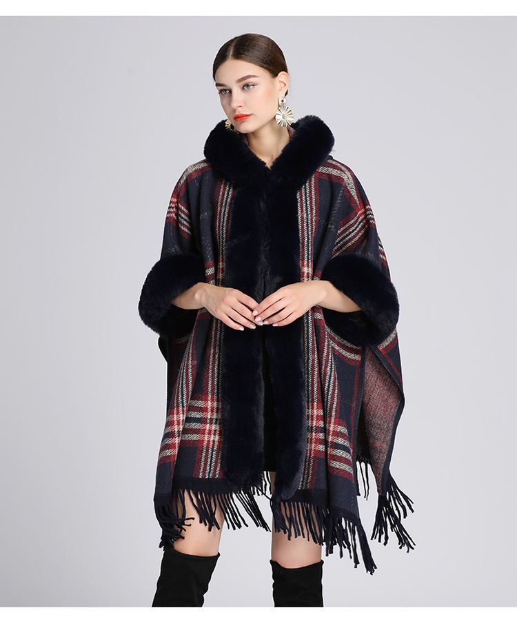 Femmes quand col de fourrure de renard manteau de laine moyen long tempérament cape cape manteau_voghion.com