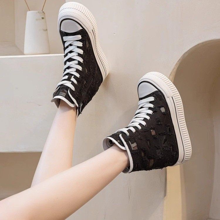 Fashion Leather Soft Bottom Thick Bottom Heightening Canvas Shoes Women's 2025 Spring And Summer New Season Mesh Breathable Hole Shoes_voghion.com