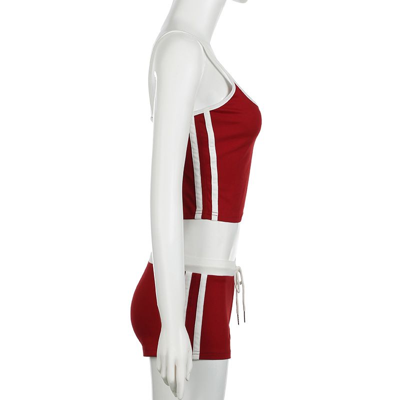 Tuta sportiva americana 2024 con cuciture a contrasto, da donna, con scollo a U, bretelle piccole e coulisse, con lettere ricamate_voghion.com