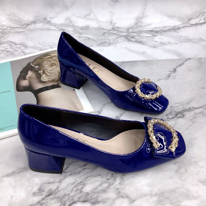 Women's Shoes New Shallow Mouth Patent Leather Flower Buckle Medium And High Heels Women's Square Head Thick Heel Mirror Single Shoes_voghion.com