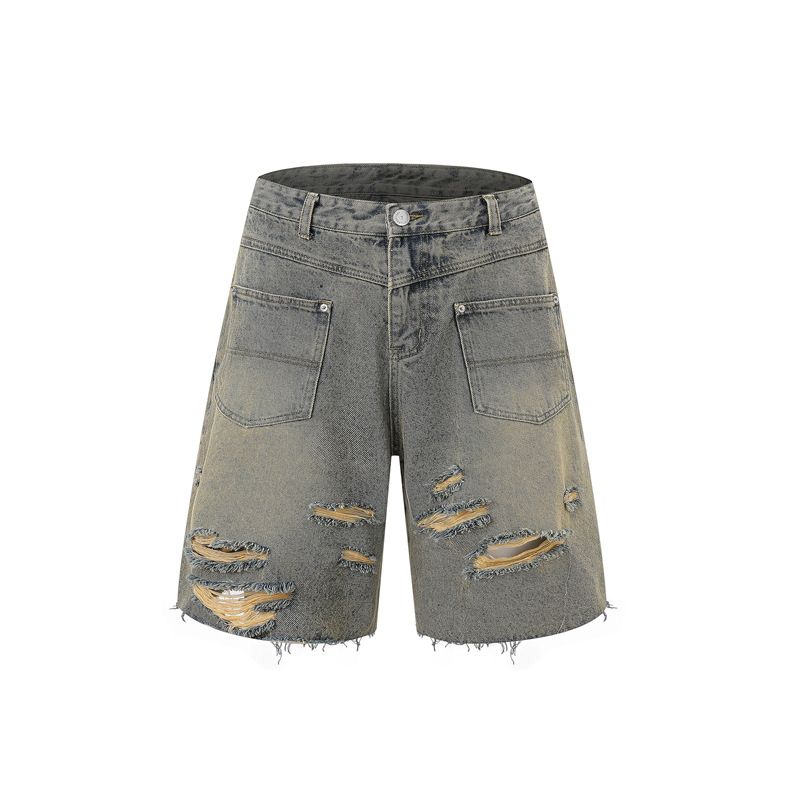 Herrenbekleidung Retro Raw Edge Distressed Ripped Denim Reißverschlussjeans Trendy Loose Casual Vielseitige Arbeitskleidung Männer und Frauen Anzüge_voghion.com