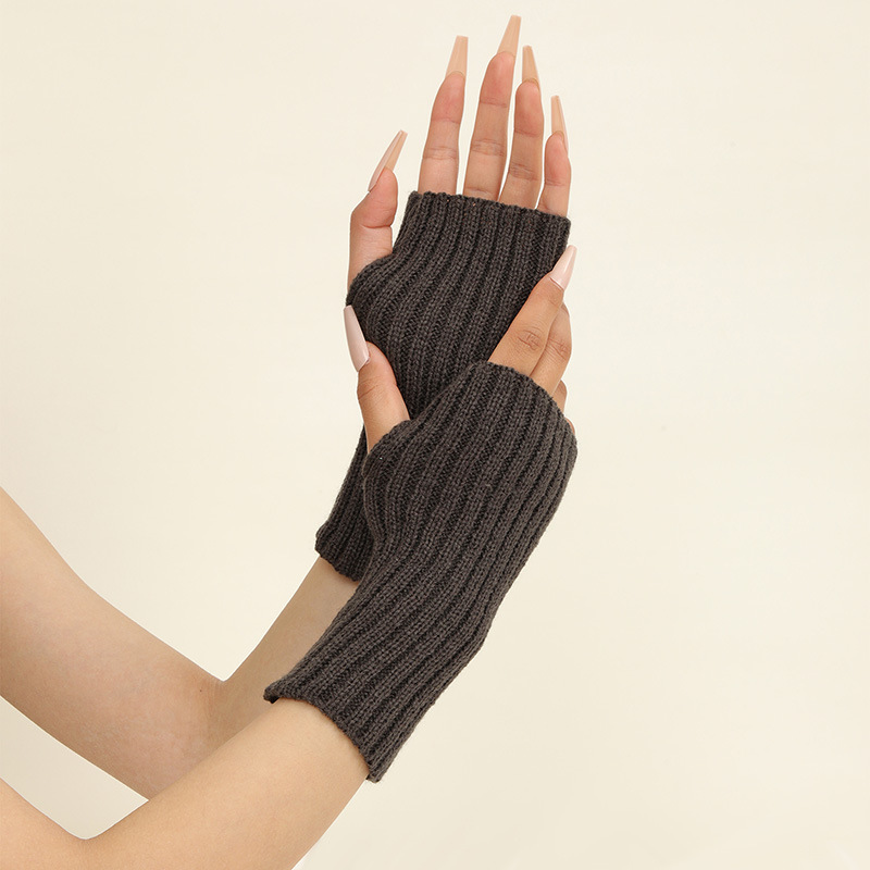 Winter new half finger knitted gloves for women warm solid color student all-match casual gloves_voghion.com