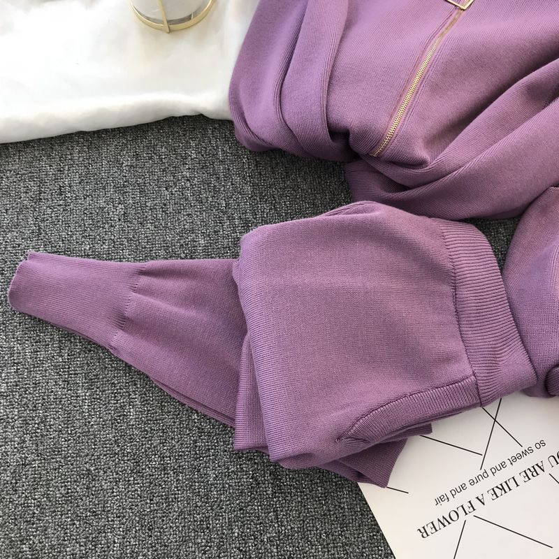Dammekleedung modesch gestréckte V-Hals Pullover + Casual Hosen Zwee-Stéck Set_voghion.com