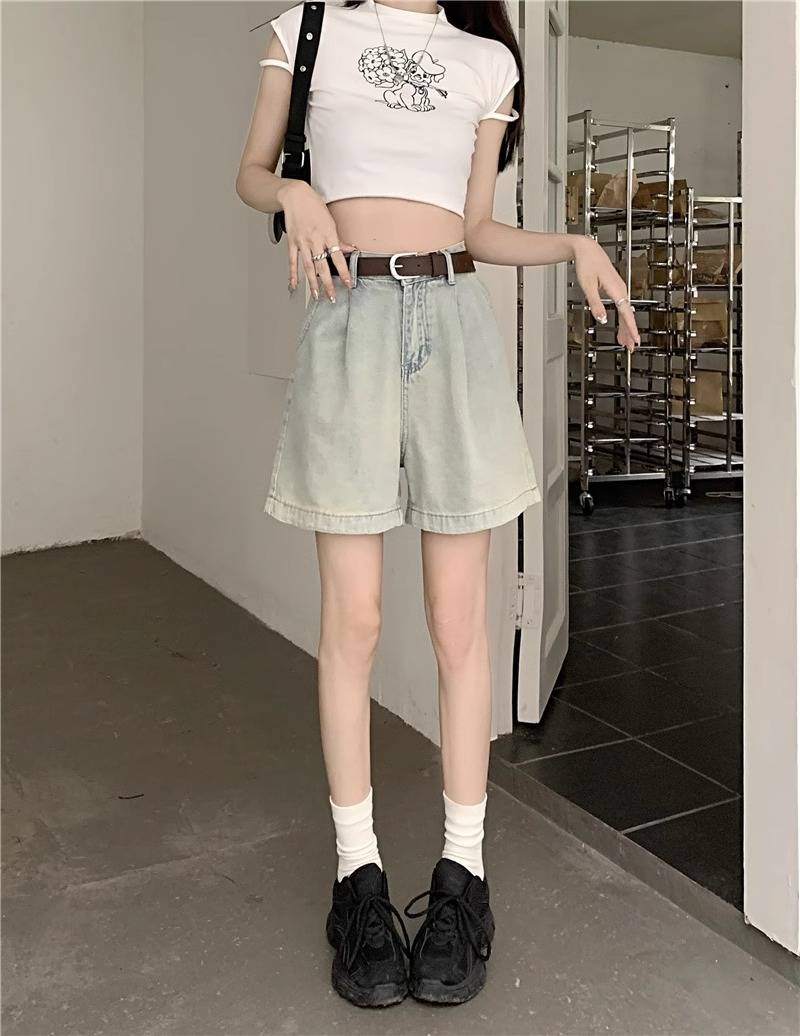 Light blue high-waisted denim shorts women's summer thin new small big size thin wide leg five quarter pants_voghion.com