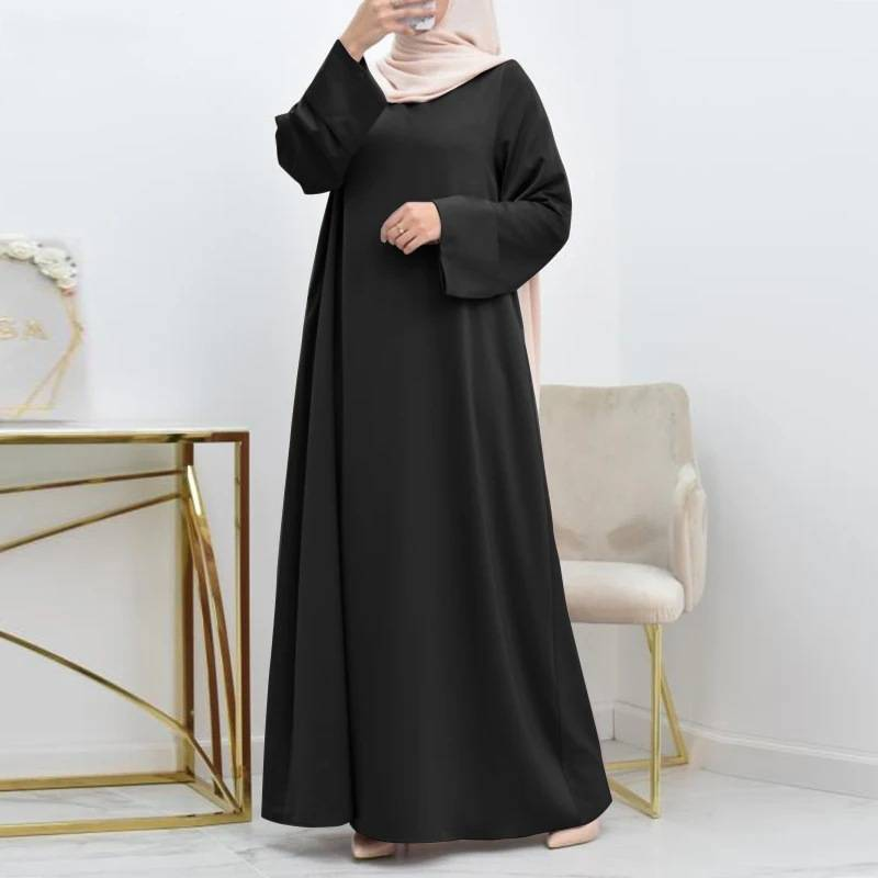 Vintage pavasara musulmaņu kleita malajiešu vienkārša, cieta sieviešu abaja O-kakla ar jostu liela izmēra garām piedurknēm halāts sieviešu vaļīga tītara kaftan_voghion.com