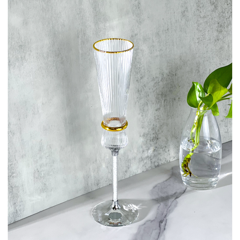 Taça de vinho espumante com haste de diamante dourada e prateada gravável, com cintura, com aro dourado de alta qualidade, sem chumbo, taça de champanhe com pé alto_voghion.com