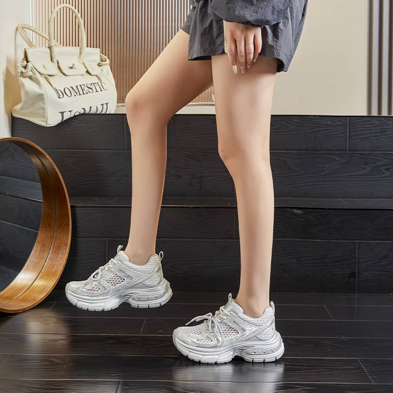 MingLiu Suction Film Sole Genuine Leather Dad Shoes 2025 Summer New Thick Sole Height Increasing Sports Shoes Casual Mesh Breathable Women's Shoes_voghion.com