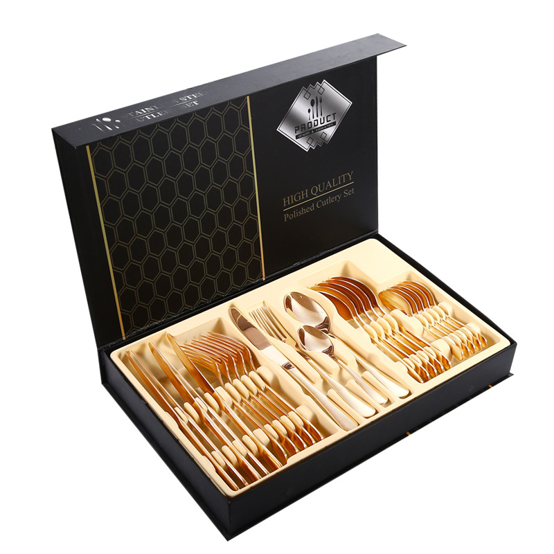Juego de cubiertos de acero inoxidable 1010 de 24 piezas: cuchillos para carne, tenedores y cucharas (colección de cubiertos en caja de regalo)_voghion.com