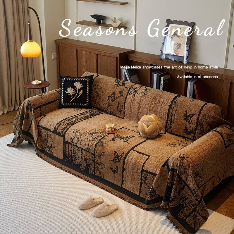 Vintage Chenille Sofa Cover - Reversible Abstract Floral Print, Full Coverage Protector For 1-4 Seater Couches (180x130cm To 180x460cm, Retro Brown)_voghion.com