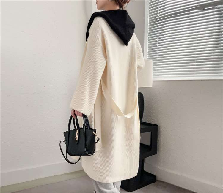 Women's Oversized Hooded Knit Cardigan With Belted Waist & Layered Look - Soft Chenille Fabric In Grey, Beige & Black (One Size Fits Most)_voghion.com