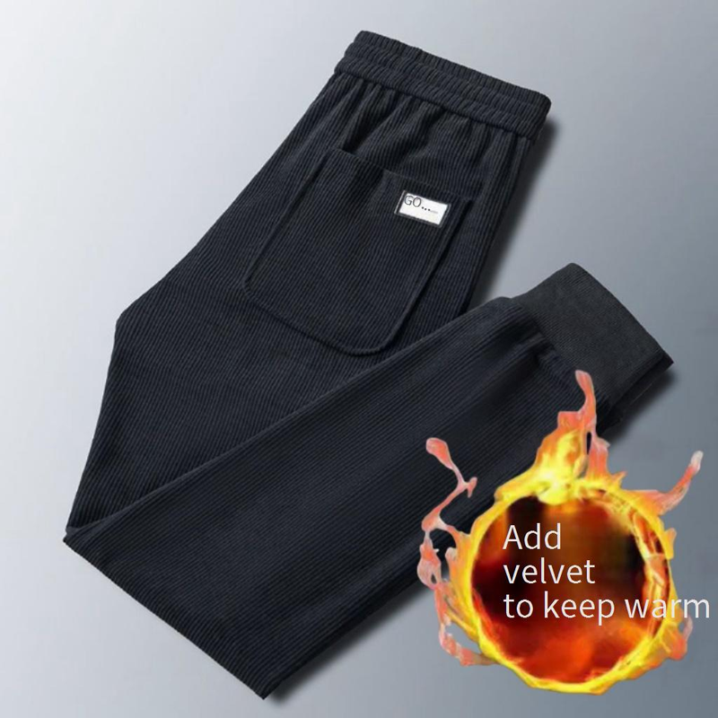 Pantaloni da jogging casual larghi in velluto a coste da uomo con polsini elastici, pantaloni invernali foderati in pile per ragazzi_voghion.com