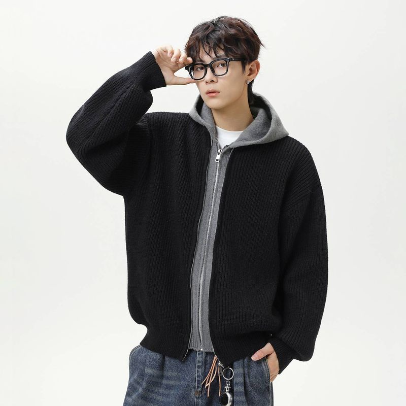 Men's Faux Two-Piece Hooded Sweater, Heavyweight Knit Pullover With Sherpa-Like Texture, Oversized Streetwear Cardigan For Fall & Winter_voghion.com