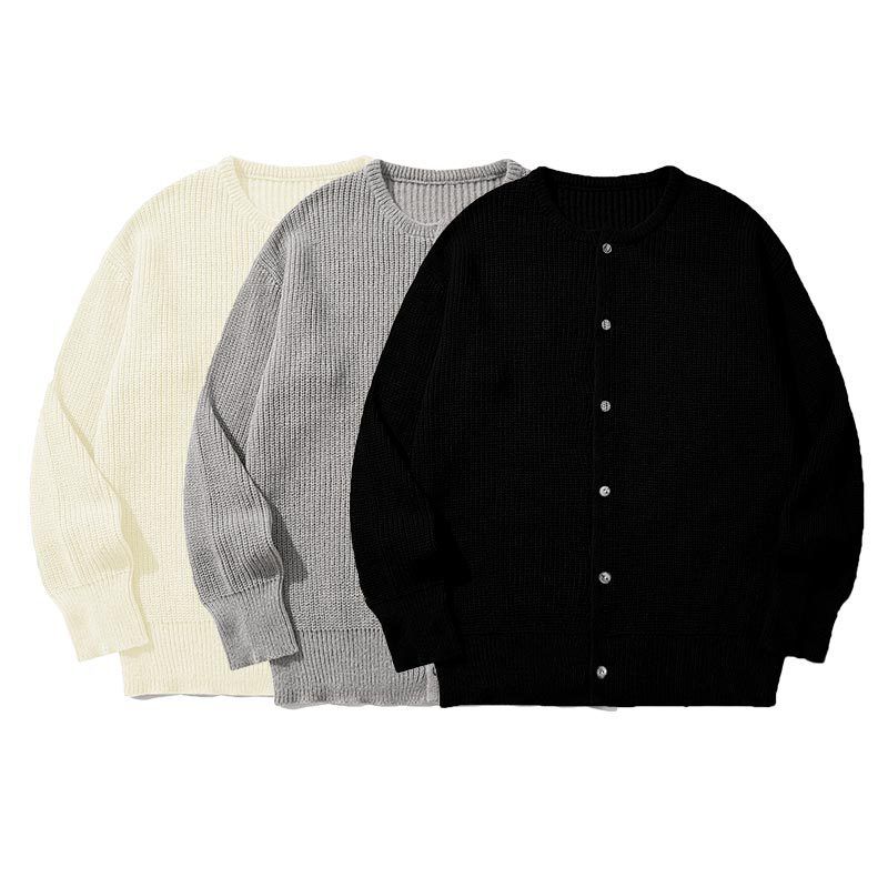 Herren-Strickcardigan in Unifarben | Lässiger Langarm-Pullover mit offener Vorderseite | Locker geschnittener Pullover (Schwarz/Grau/Beige, S-XL)_voghion.com