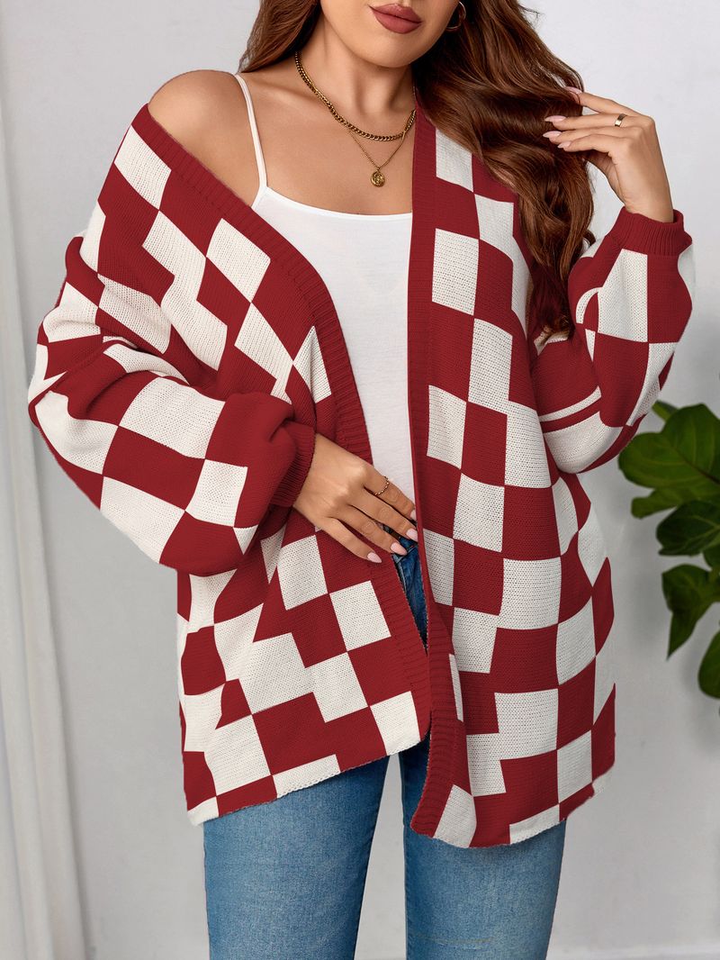 Women's Oversized Checkered Cardigan – Long Sleeve Open Front Sweater In Classic Black & Brown Plaid_voghion.com