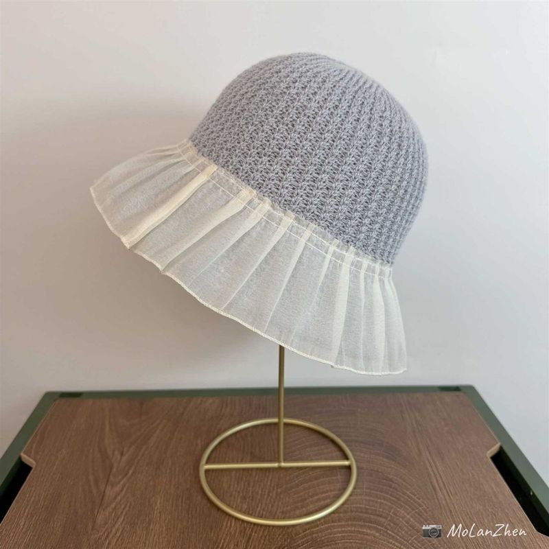 Cappello da pescatore lavorato a maglia con gonna in pizzo e giunture, cappello da sole estivo lavorato a maglia per bambini_voghion.com