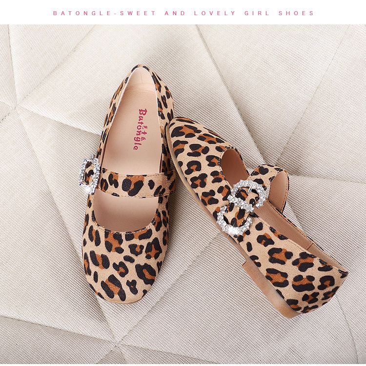 Moeder & Kinderen meisjes prinsessenschoenen 2024 Koreaanse lente en zomer luipaardprint grote maat kinderschoenen kleine leren schoenen strass klittenband teen schoenen_voghion.com