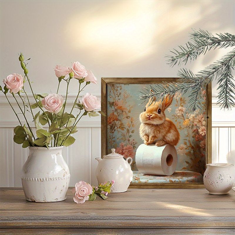 8x8" Rustic Bunny On TP Roll Wood Sign - Whimsical Floral Wall Art For Bathroom/Café, Perfect Rabbit Lover's Decor_voghion.com