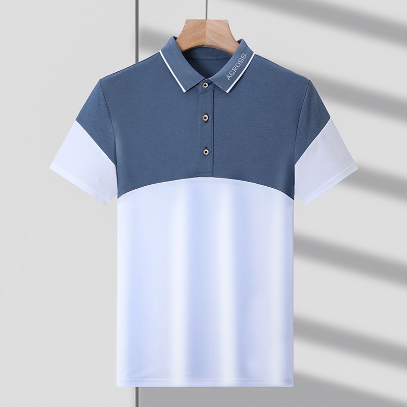 Tricou de vară pentru bărbați, cu mânecă scurtă, cu guler larg, de lux, cu blocare a culorilor, tip polo, casual, cu micro elasticitate_voghion.com