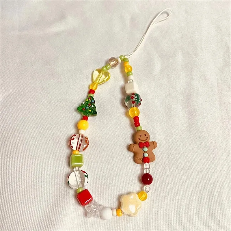 Portachiavi con ciondolo in acrilico per telefono con perline a forma di omino di pan di zenzero di Natale coreano 3D per iPhone, gioielli anti-smarrimento a catena appesi_voghion.com