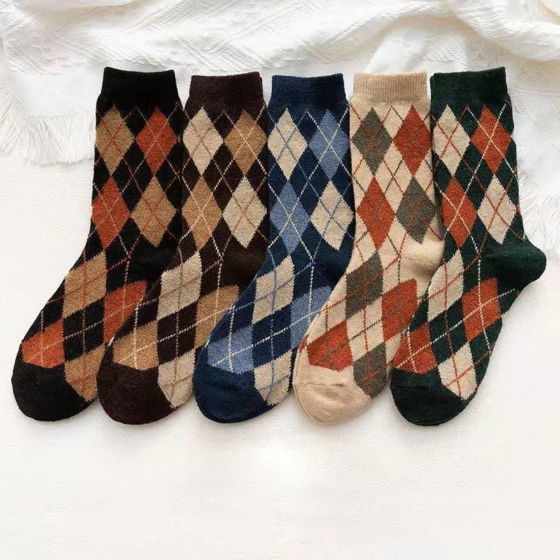 5 paia di tubi medi da uomo di qualità a quadri a rombi con motivo a rombi geometrici Haruku in cotone pettinato felice a strisce colorate_voghion.com