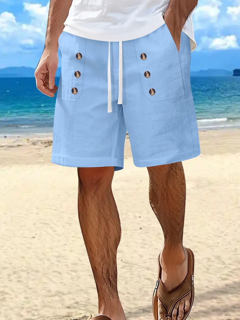 Pantaloncini estivi da uomo in cotone e lino, casual americani, larghi e dritti, con bottoni_voghion.com