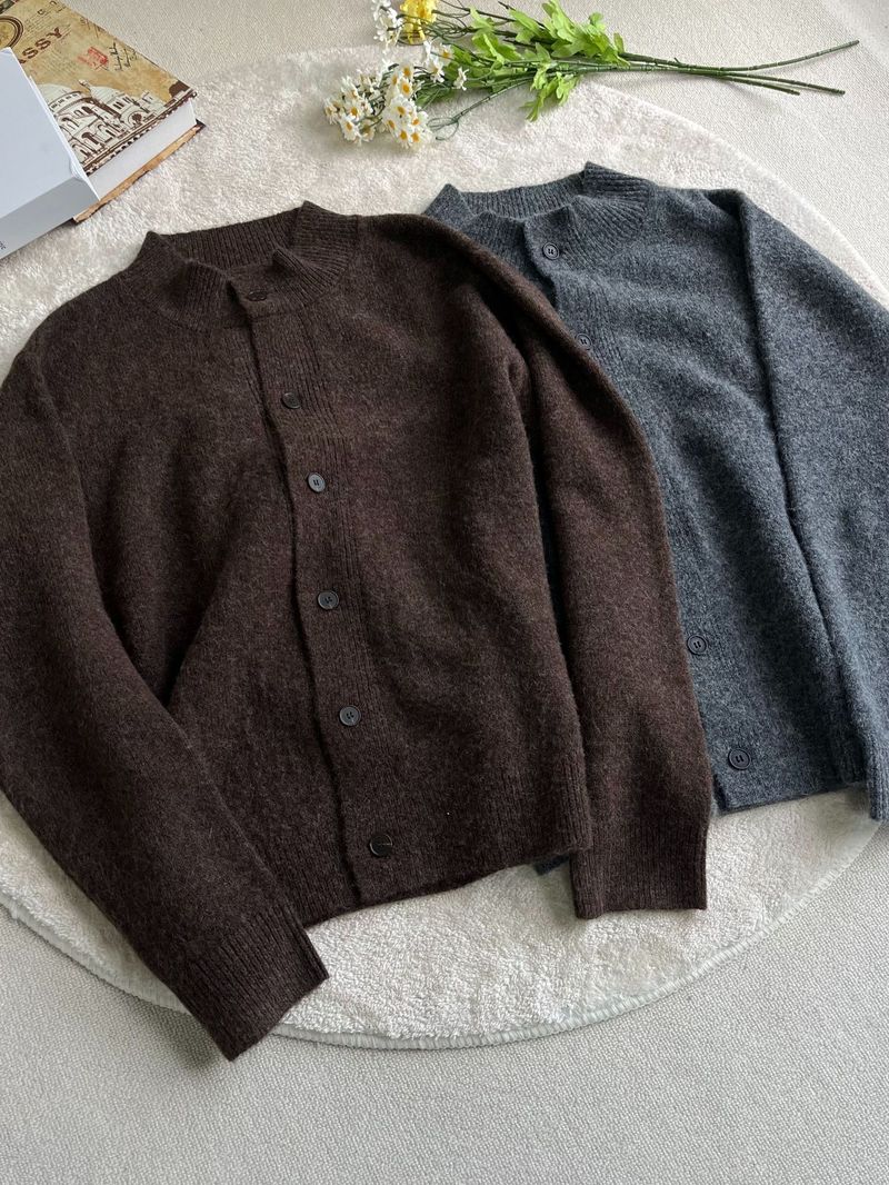 Autumn Winter Floral Wool Blend Half Turtleneck Sweater Unisex Cardigan Old Money Brown Gray Versatile Cleanfit_voghion.com