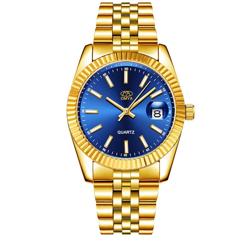 Reloj de cuarzo para hombre, resistente al agua, con calendario y correa dorada para mujer_voghion.com