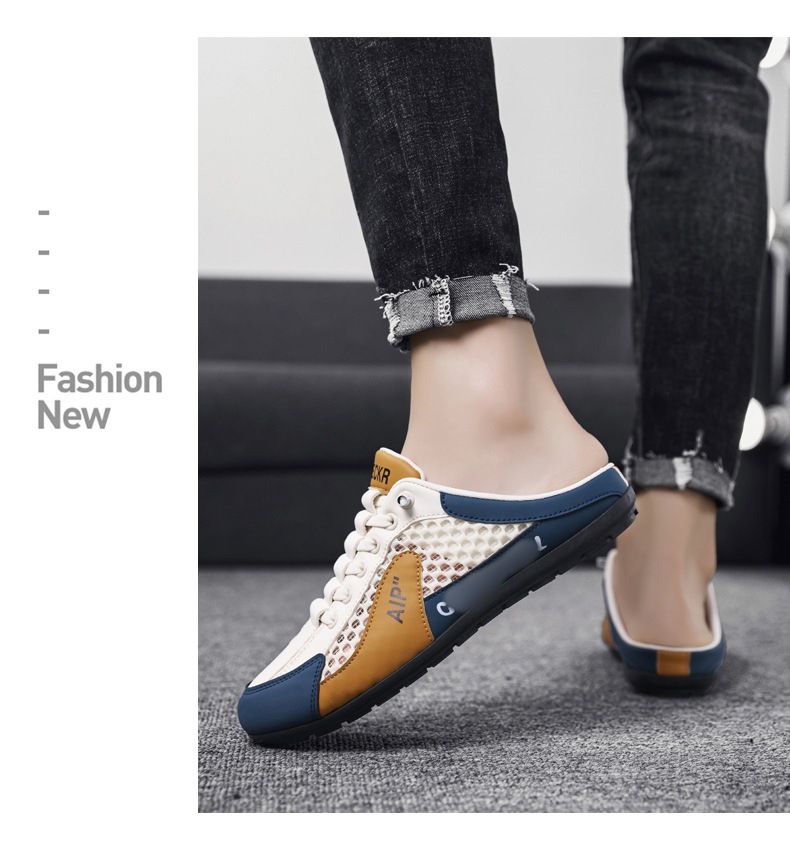 Hollow Out Large Size Summer Mesh Half Slippers Slip-On Outdoor Lazy Breathable Loafers Men's Shoes_voghion.com