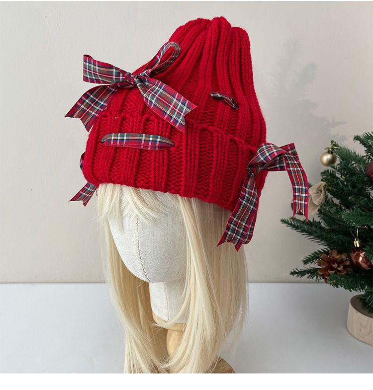 Annual Design Red Plaid Bow Knit Women's Hat, Autumn And Winter Warm Hat, Suitable For Large Head Circumference, 2025 New Warm Hat._voghion.com