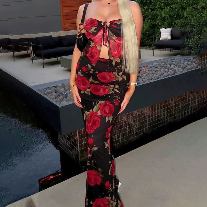 Women's Clothing Fashion Mesh Printed Tube Top Skirt Suit Summer New Slim Fit_voghion.com