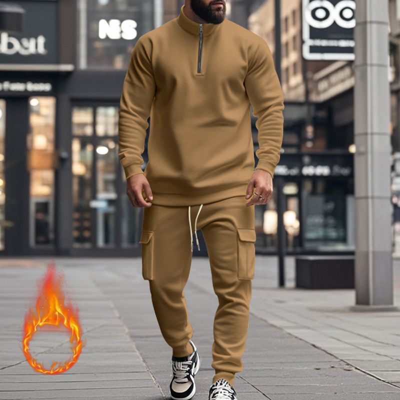 Fleecegefüttertes Sweatshirt-Set mit Viertelreißverschluss für Herren – Slim Fit Thermo-Jogging-Outfit für Herbst und Winter_voghion.com
