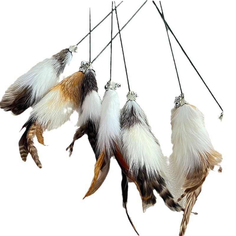Jouet pour chat avec manche en bois et fil d'acier et ressort en forme de baguette et plumes_voghion.com